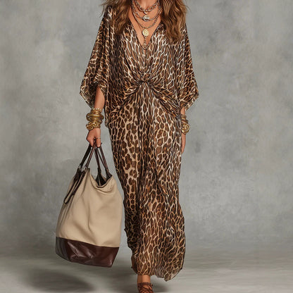 Leopard Print V-Neck Maxi Dress Batwing Sleeve Twist Front