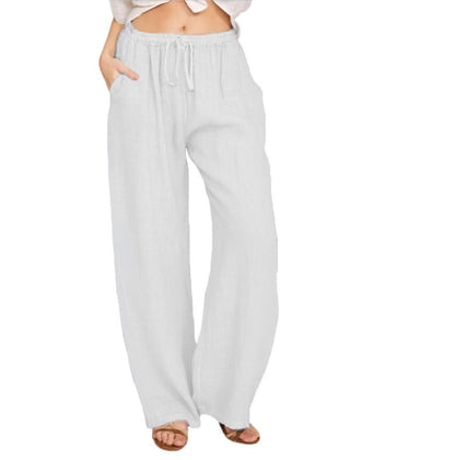 Womens Linen Wide Leg Pants High Waist Drawstring Casual