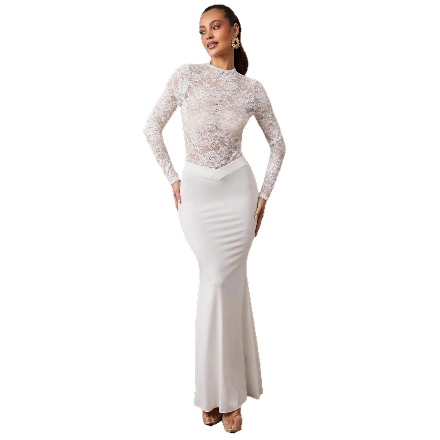 White Lace Long Sleeve Bodysuit Elegant Sheer Jumpsuit