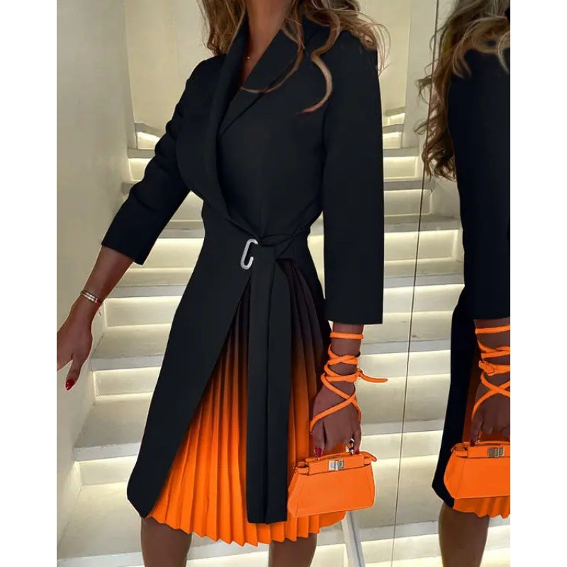 Women Tie Waist Pleated Blazer Dress V Neck Midi