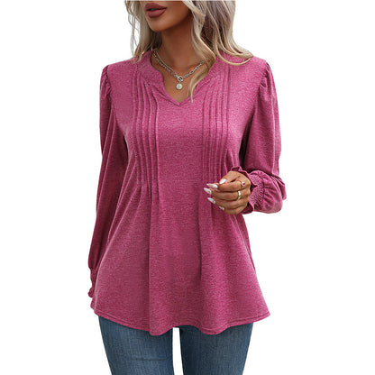 Long Sleeve V-Neck Top with Bubble Sleeves and Wrap Design