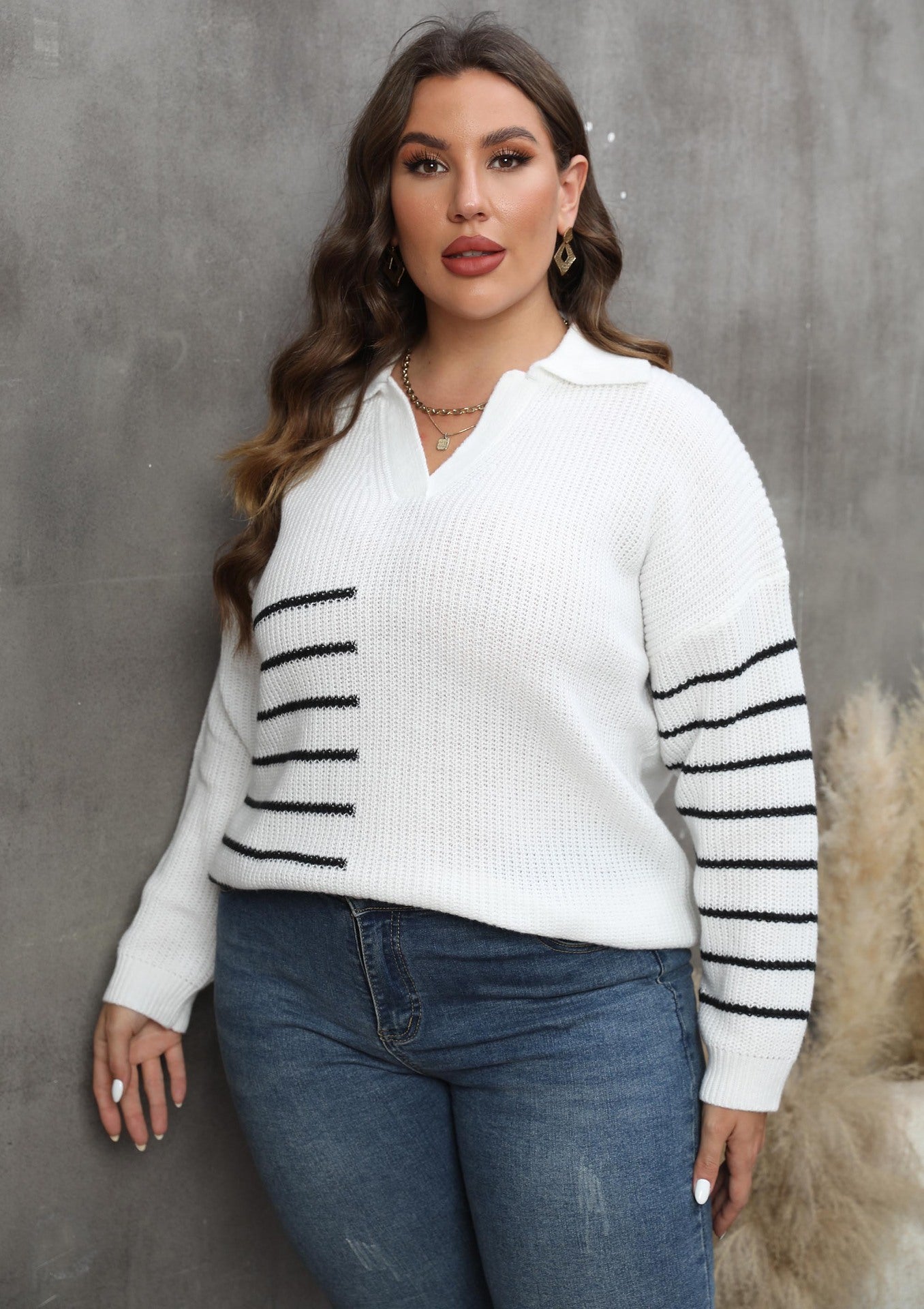 Women's Contrasting Splicing Striped POLO Neck Pullover Sweater