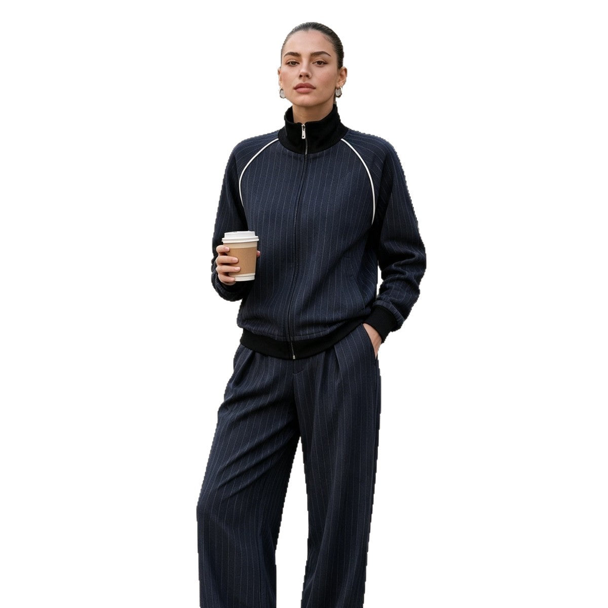 Women's Striped Zip Up Jacket Wide Leg Pants 2 Piece Set