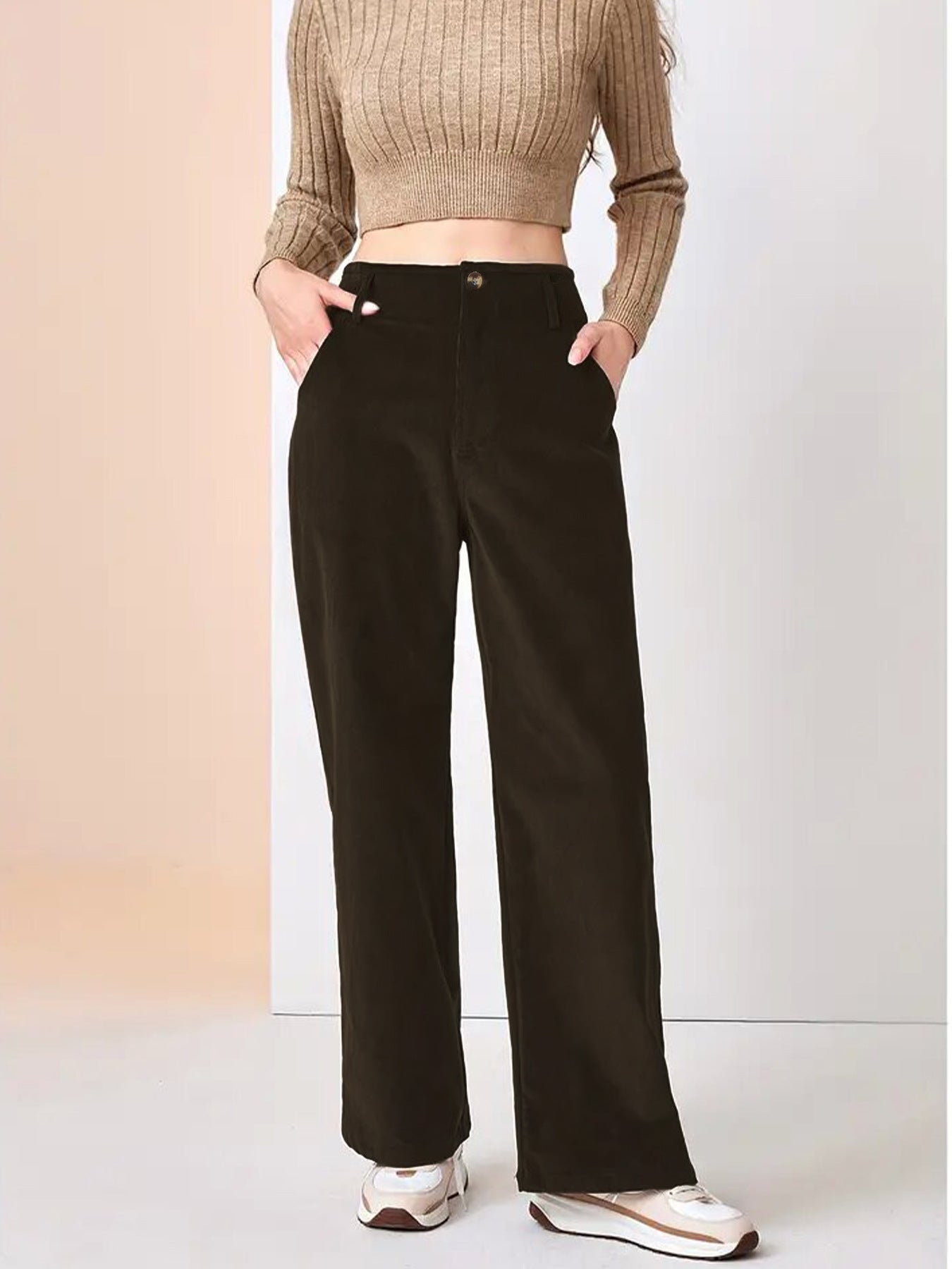 High Waist Corduroy Wide Leg Pants with Pockets