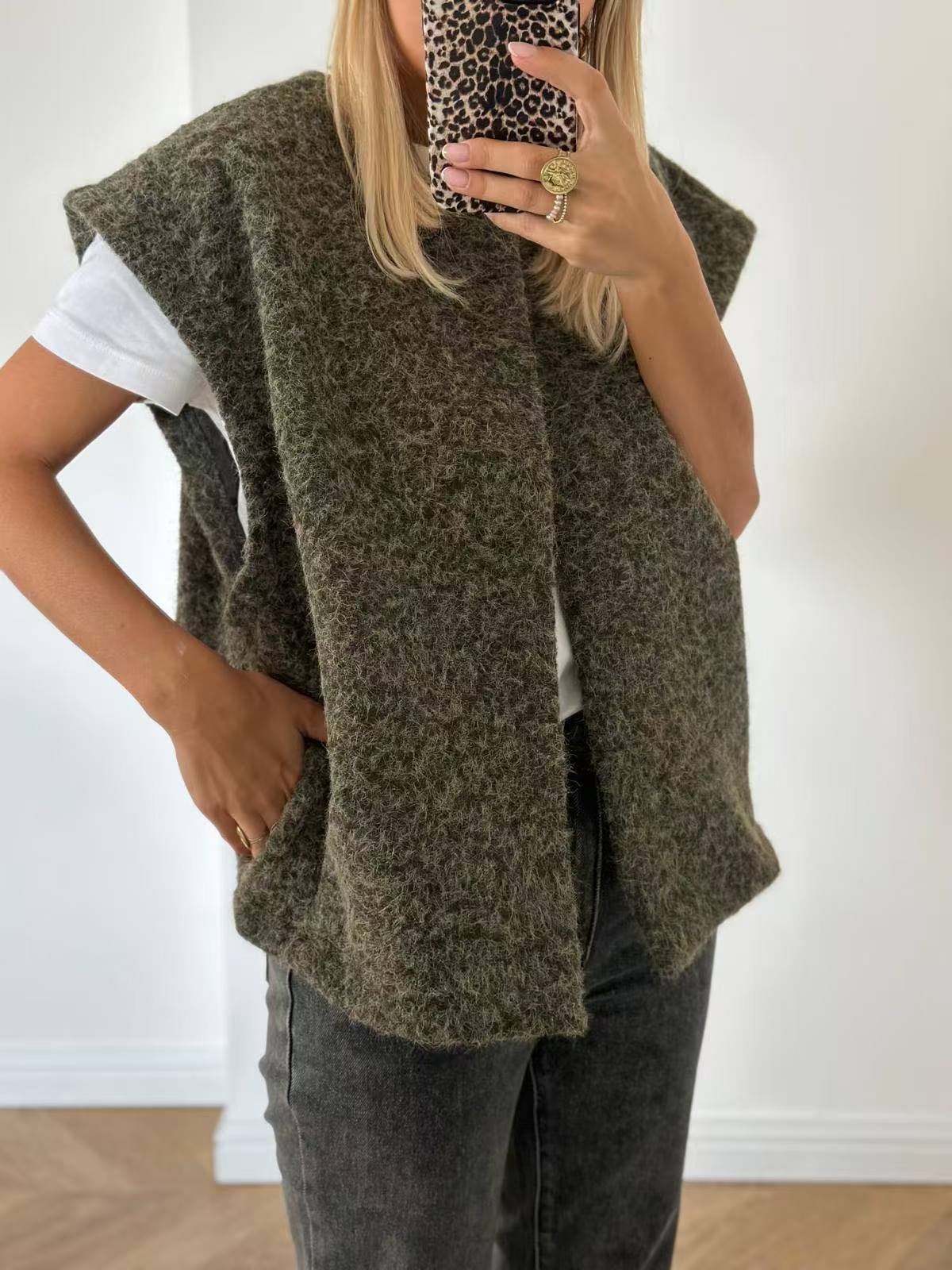 Women's V-Neck Open Front Oversized Wool-Blend Vest