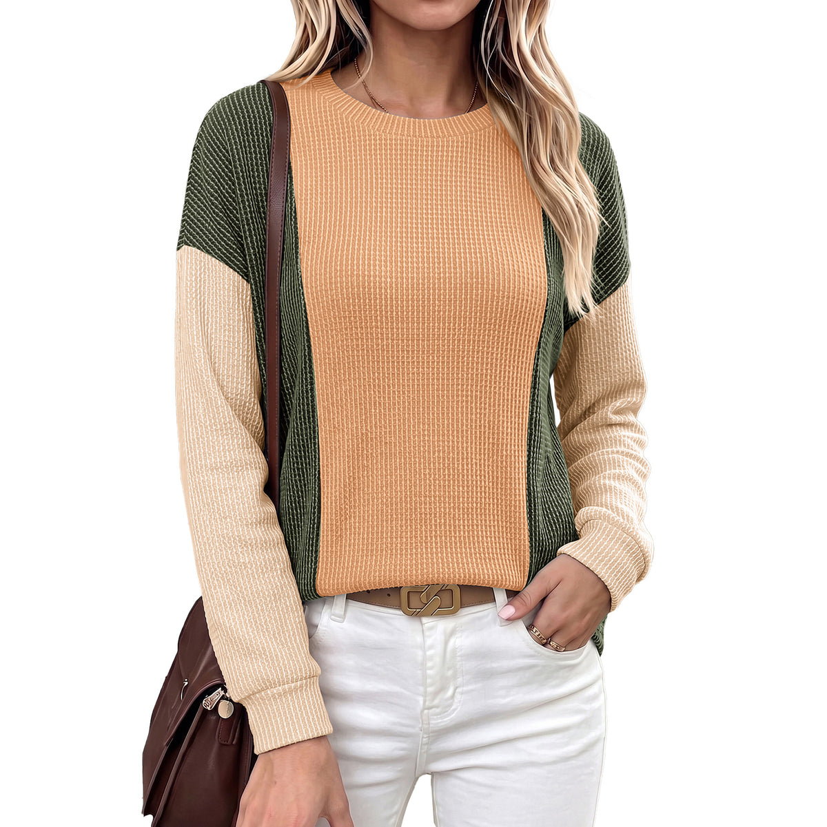 Color Block Waffle Knit Long Sleeve Crew Neck Top