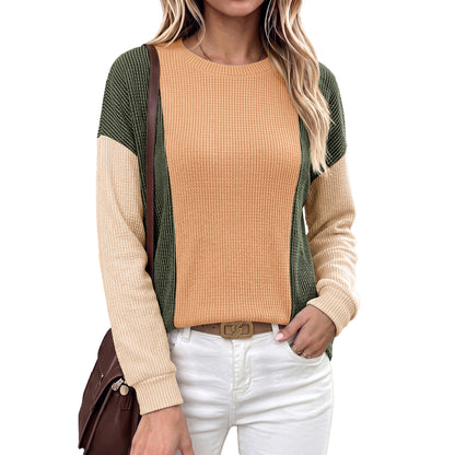 Color Block Waffle Knit Long Sleeve Crew Neck Top