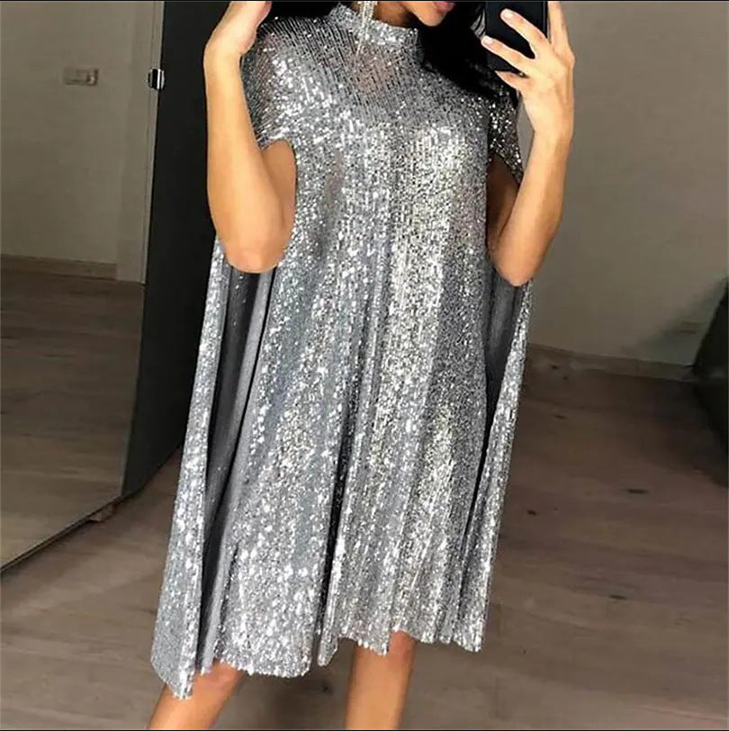 Sequin Cape Mini Dress Mock Neck Glitter Party