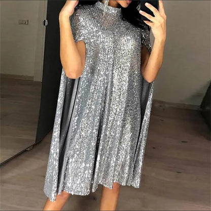 Sequin Cape Mini Dress Mock Neck Glitter Party