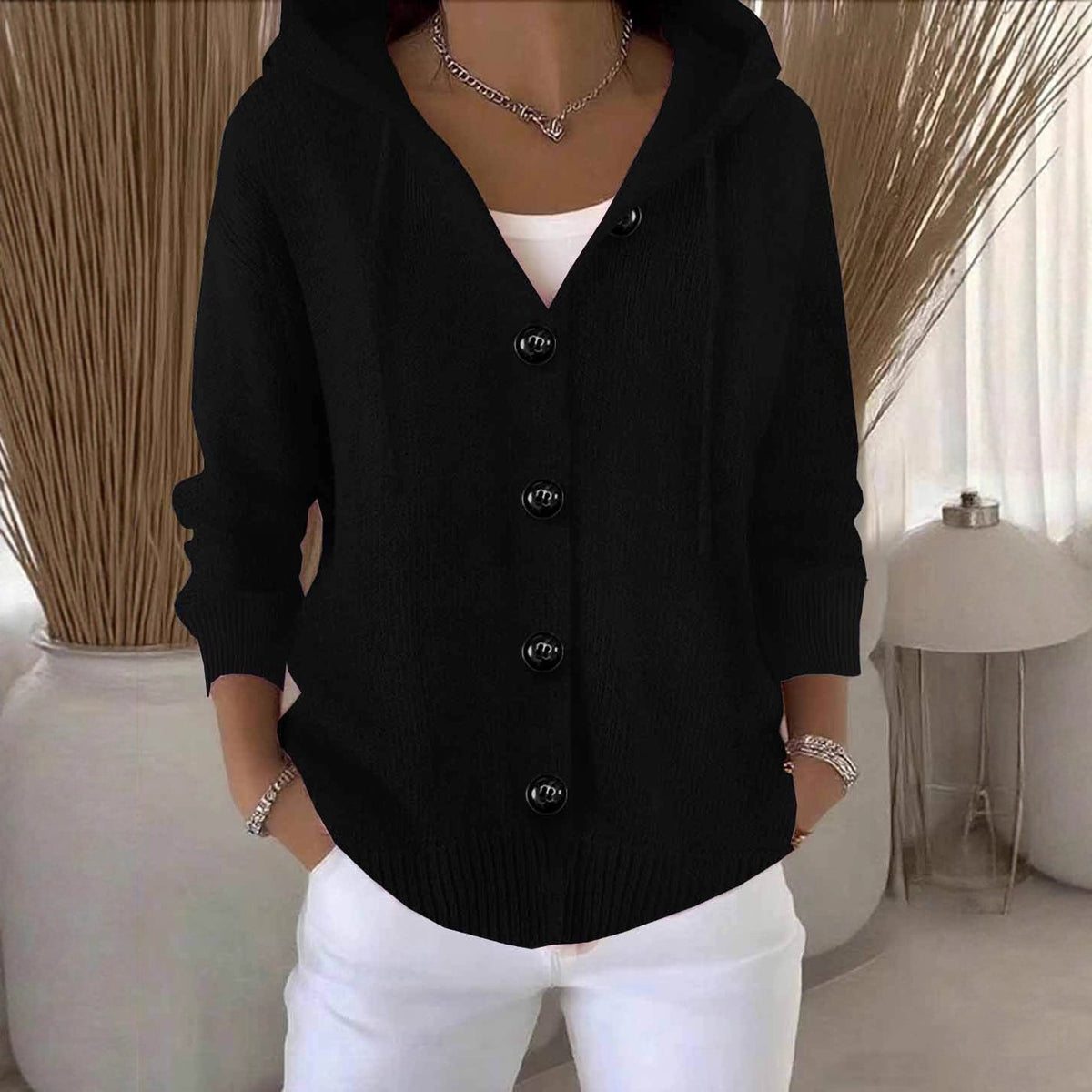 Hooded Button Knit Cardigan Long Sleeve Sweater