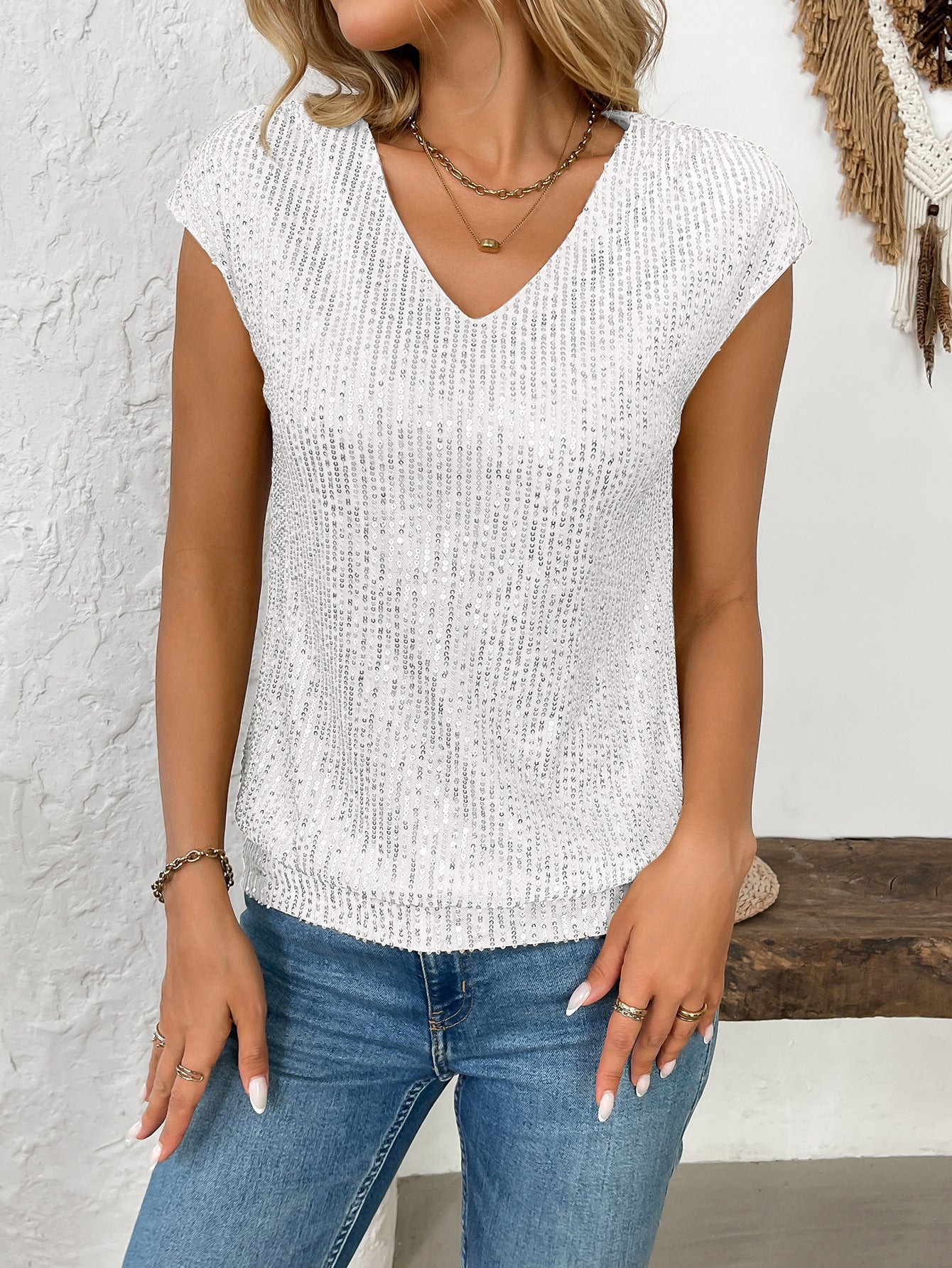 Women's V-Neck Sequin Tank Top – Sleeveless Summer Party Blouse