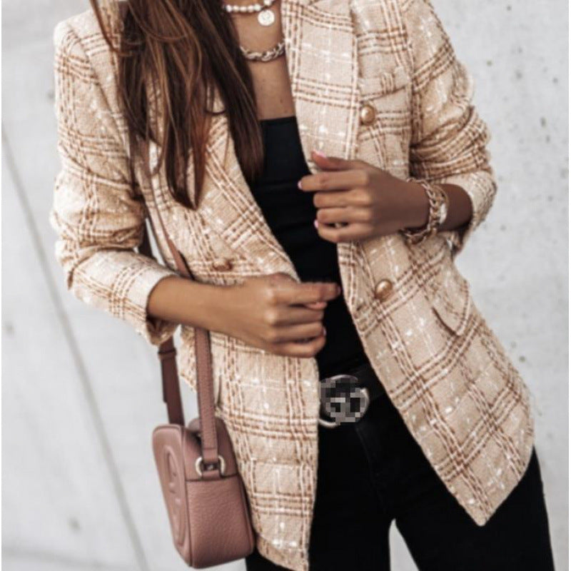 Women's Tweed Plaid Blazer Long Sleeve Jacket