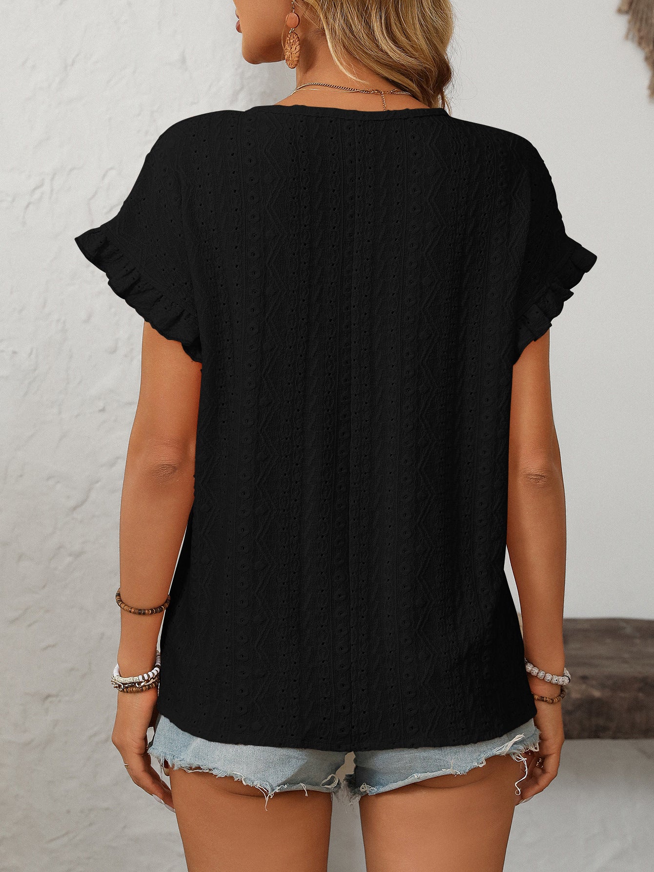 Women’s Eyelet Knit Crewneck Ruffle Sleeve Summer Top