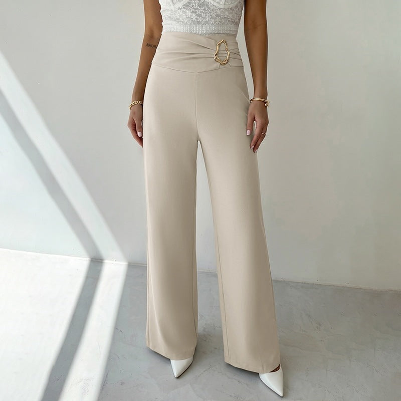 Solid High Waist Wide Leg Dress Pants Metal Buckle