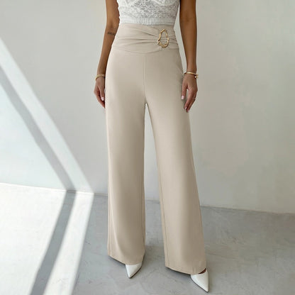 Solid High Waist Wide Leg Dress Pants Metal Buckle