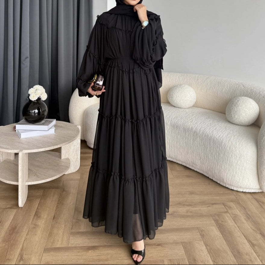 Long Puff Sleeve Tiered Maxi Dress Tie Waist