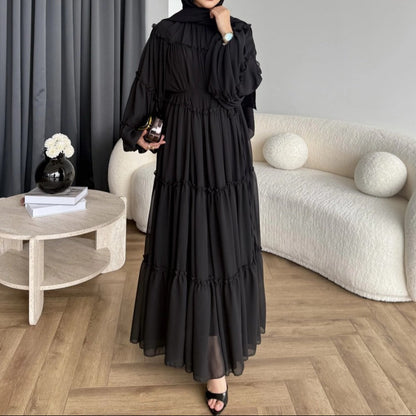 Long Puff Sleeve Tiered Maxi Dress Tie Waist