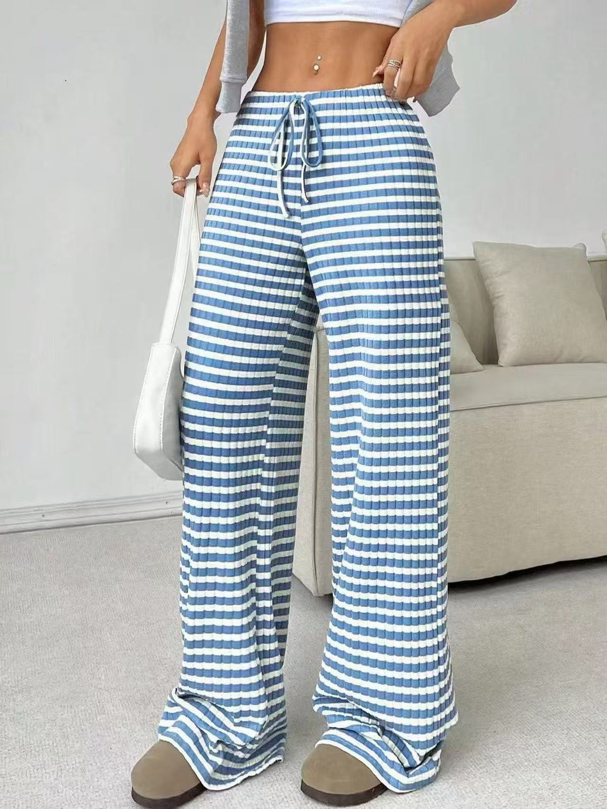 Women's Striped Wide Leg Drawstring Lounge Pants