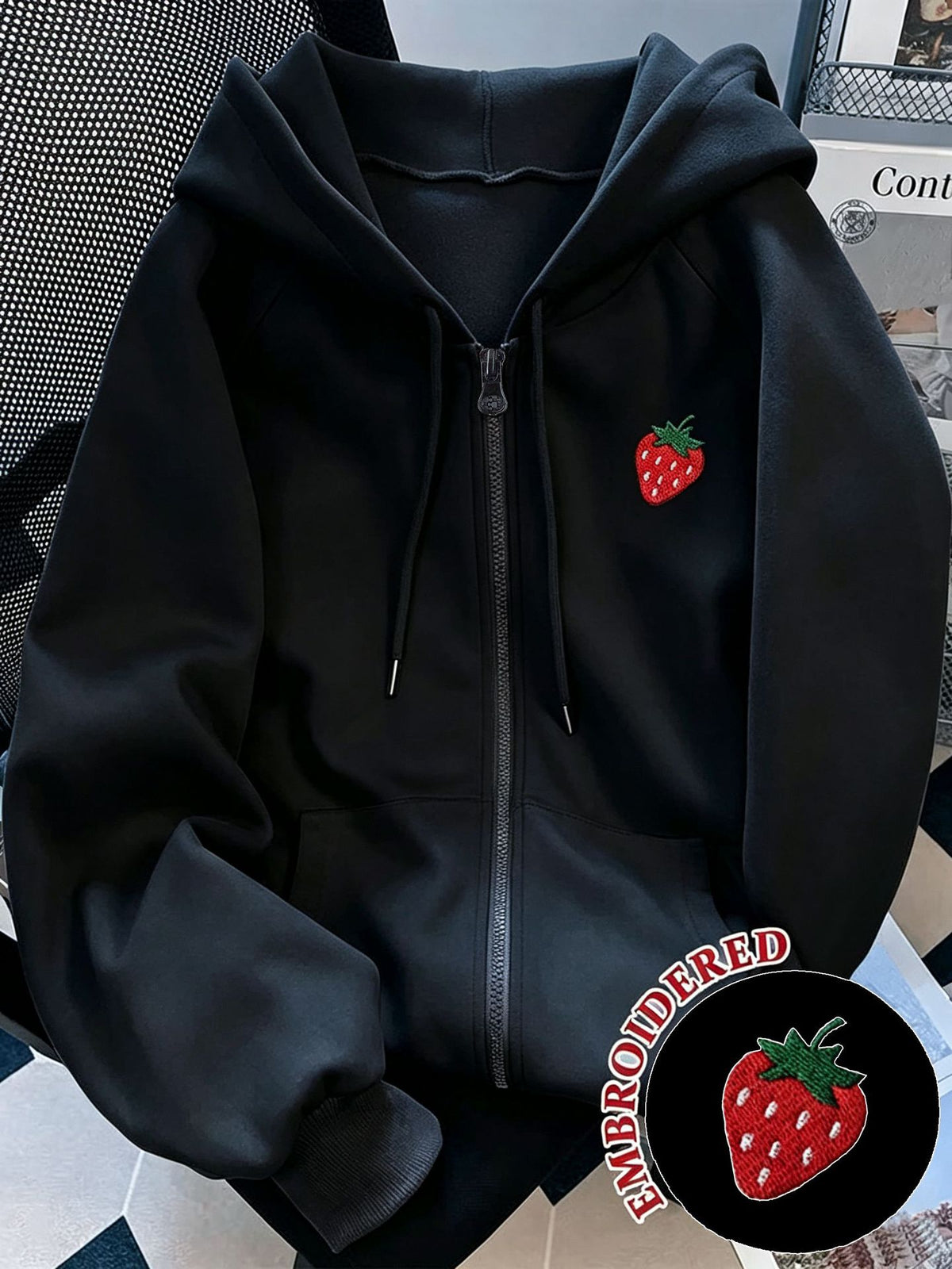 Oversized Strawberry Embroidered Zip Up Hoodie Fleece Lined