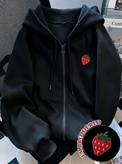 Oversized Strawberry Embroidered Zip Up Hoodie Fleece Lined