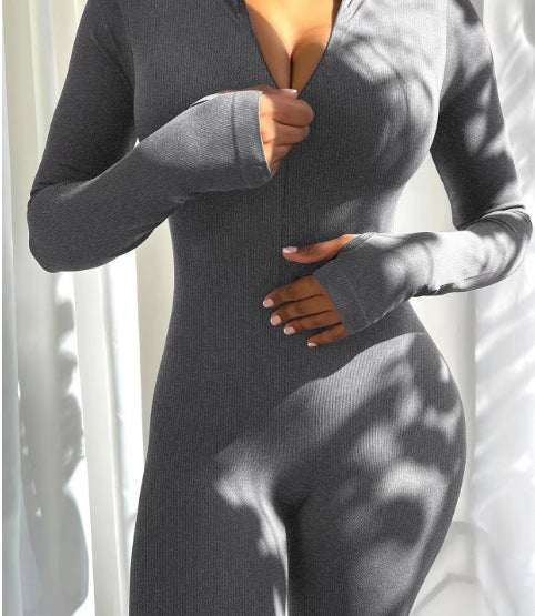 Women's Ribbed Zip Front Long Sleeve Workout Jumpsuit