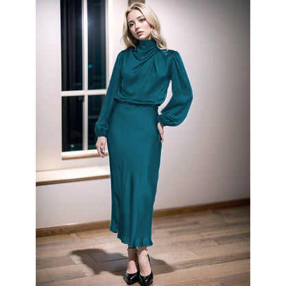 Elegant Satin Mock Neck Long Sleeve Midi Dress