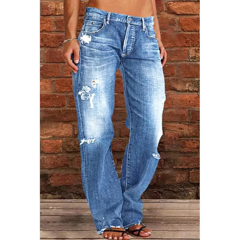 Women's Distressed Flare Jeans Vintage Wash Cotton Denim