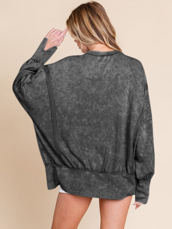 Acid Wash Oversized Sweatshirt Side Slit Drop Shoulder