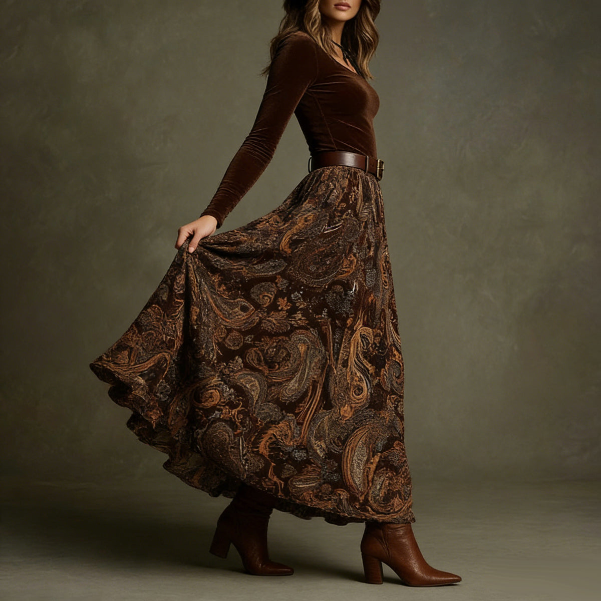 Boho Floral Maxi Skirt Two Piece Set with Belt