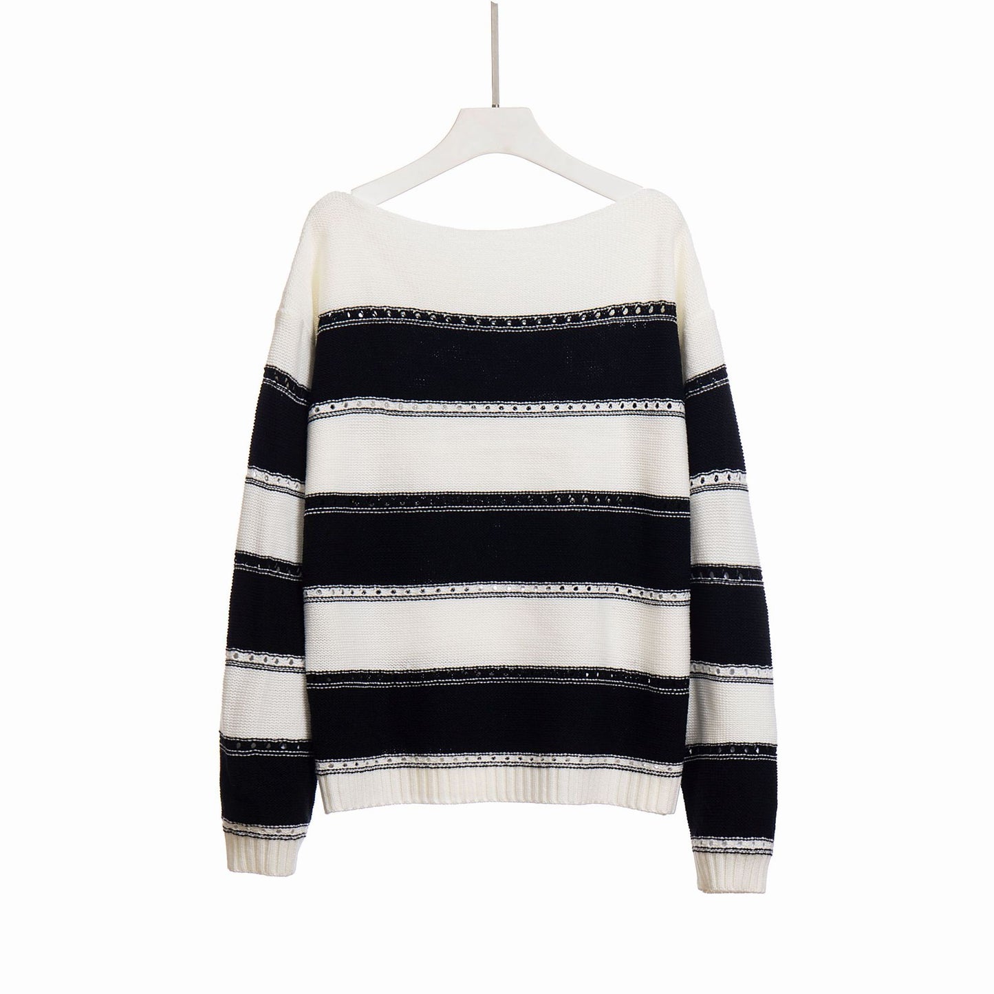 Women's Off Shoulder Striped Crochet Knit Sweater