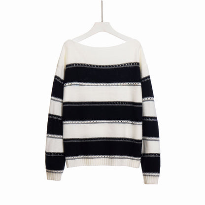 Women's Off Shoulder Striped Crochet Knit Sweater