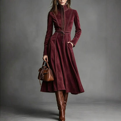 Vintage Faux Suede Long Sleeve Belted Zip Front Maxi Dress