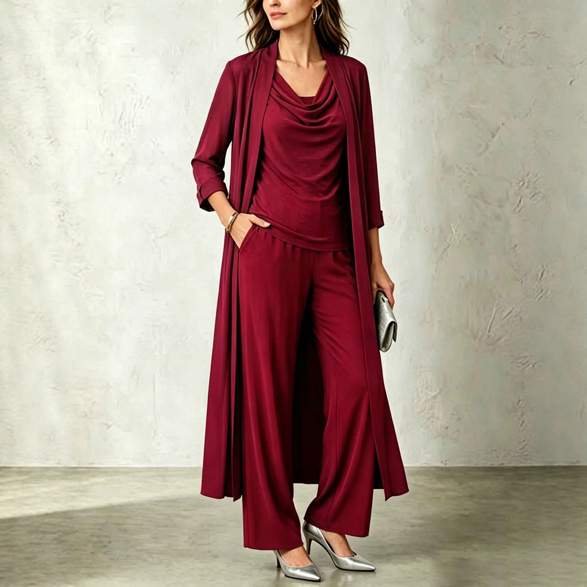 Women's 3 Piece Cowl Neck Top Long Cardigan Pants Set