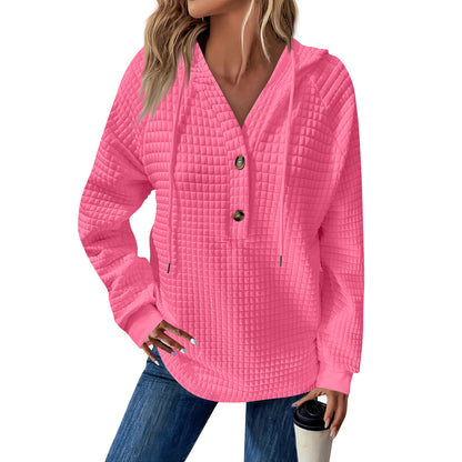 Women's Quilted V-Neck Button Hoodie Oversized Pullover