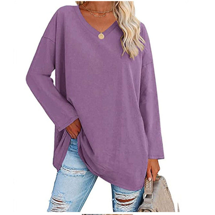 Women's Oversized V-Neck Long Sleeve Loose Fit T-Shirt