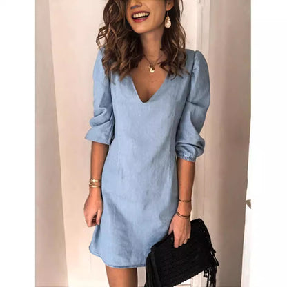 Women's V-Neck 3/4 Puff Sleeve A-Line Mini Dress