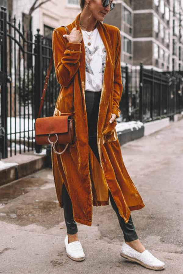 Womens Long Velvet Duster Open Front Cardigan