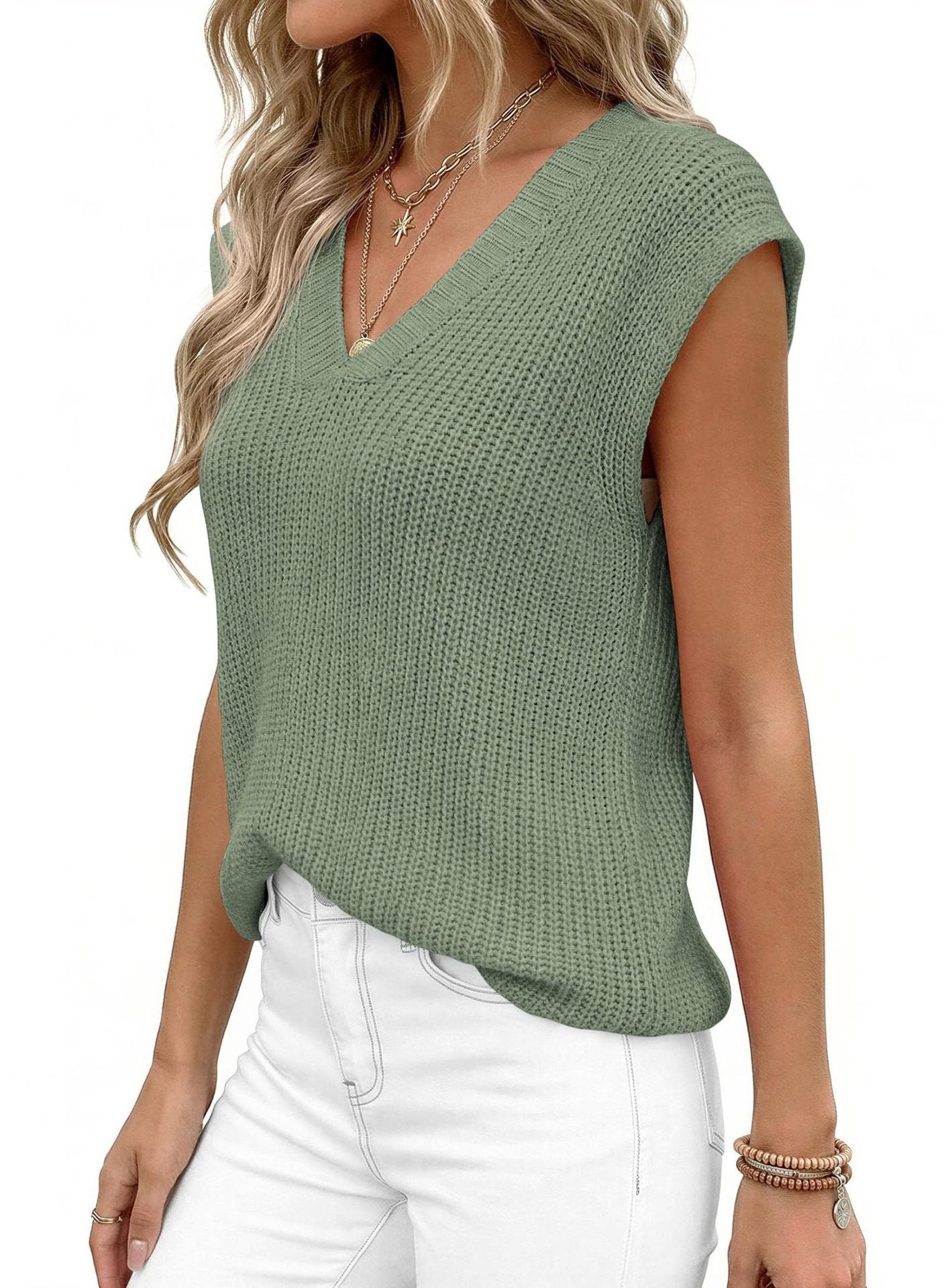 V Neck Knit Sweater Vest Sleeveless Loose Summer Top