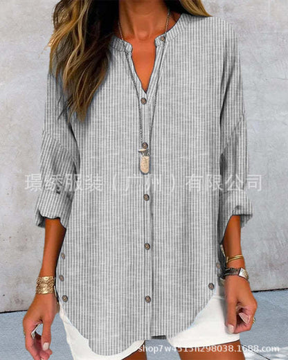 Womens Striped V Neck Button Down Long Sleeve Tunic Top