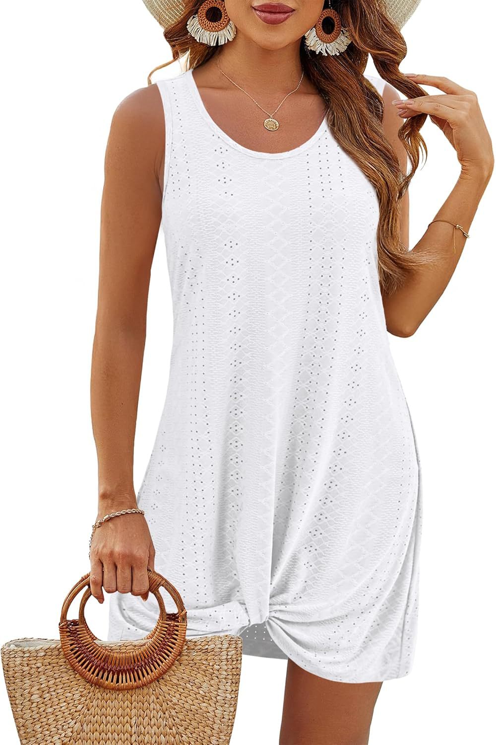 Summer Hollow Out Vacation Tank Dress with Knot Detail