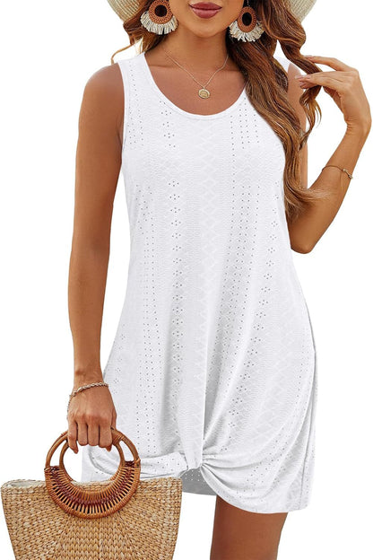 Summer Hollow Out Vacation Tank Dress with Knot Detail