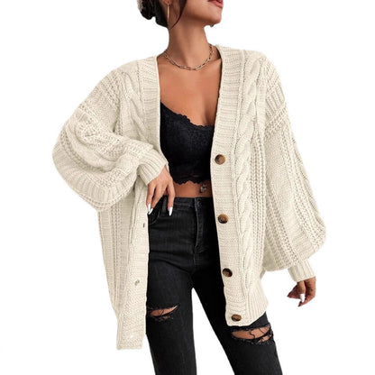 Oversized Cable Knit V-Neck Balloon Sleeve Cardigan
