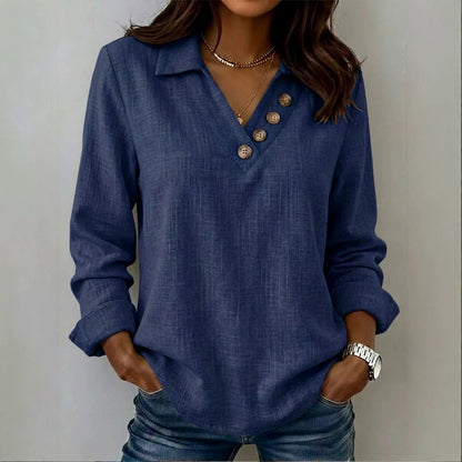 Women's Collared V-Neck Button Long Sleeve Casual Blouse