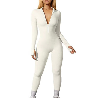 Women's Ribbed Zip Front Long Sleeve Workout Jumpsuit