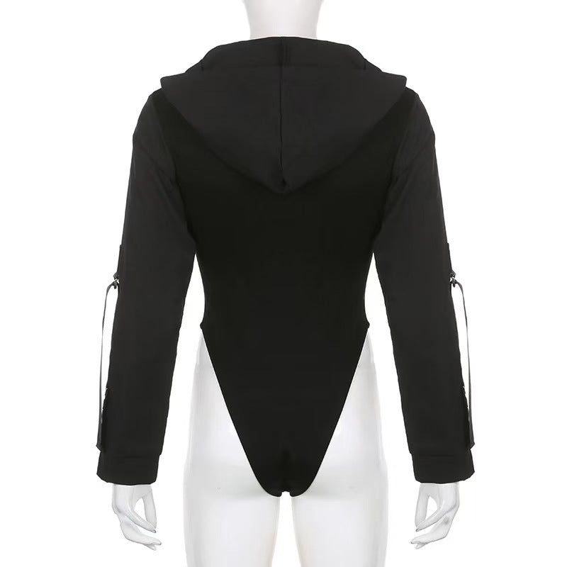 Women Hooded Cut Out Bodysuit Long Sleeve Streetwear
