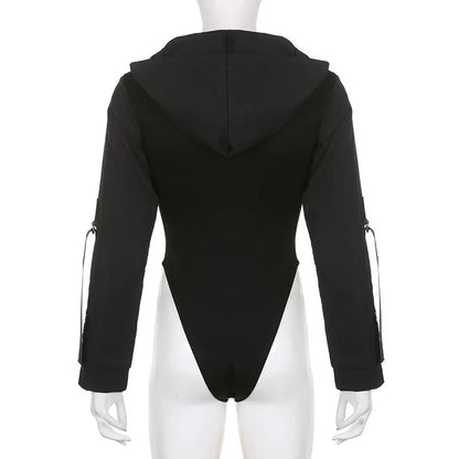 Women Hooded Cut Out Bodysuit Long Sleeve Streetwear