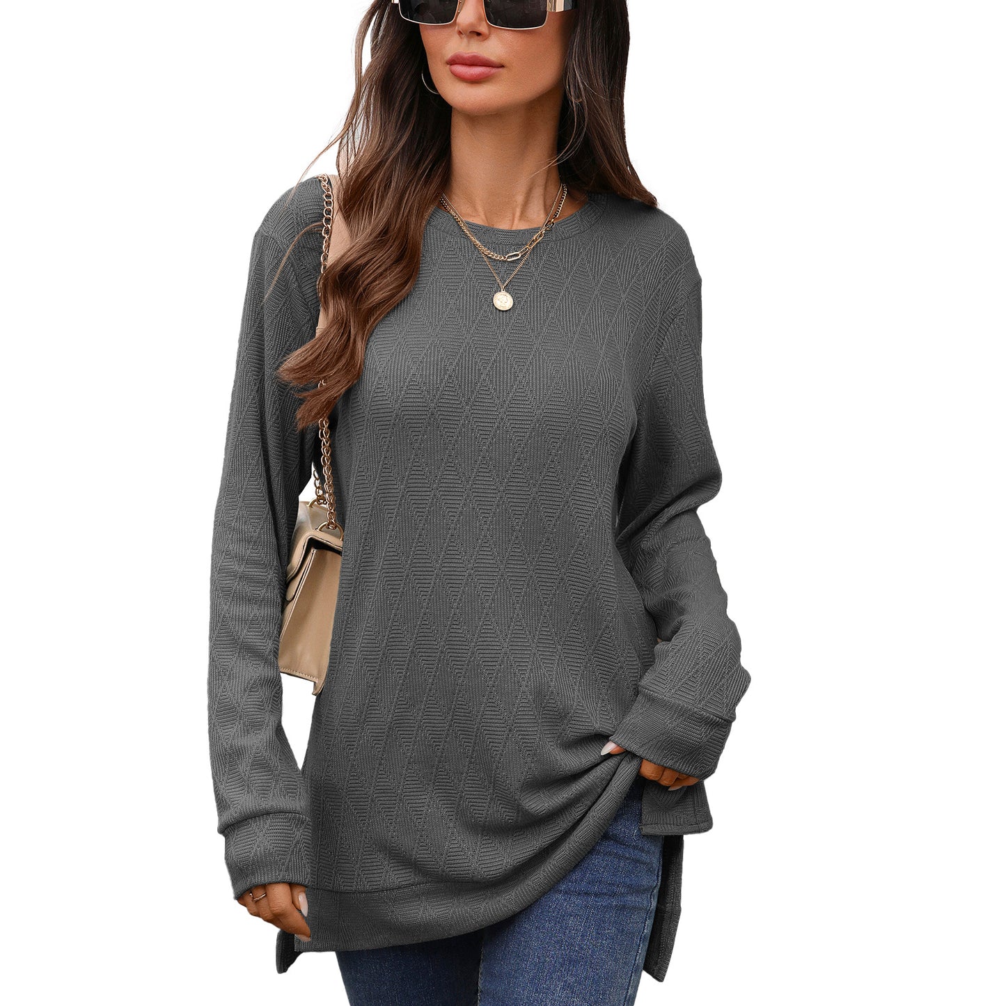 Women's Oversized Crewneck Long Sleeve Side Slit Top