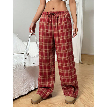 Plaid Wide Leg Pants Drawstring Casual Lounge Pants