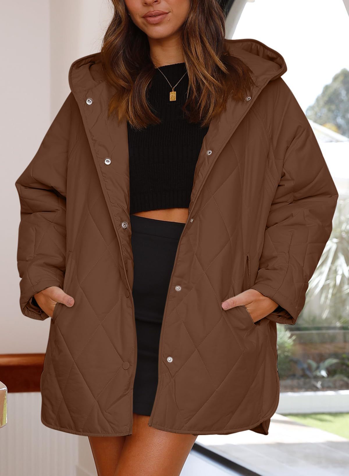 Womens Oversized Hooded Quilted Lightweight Jacket