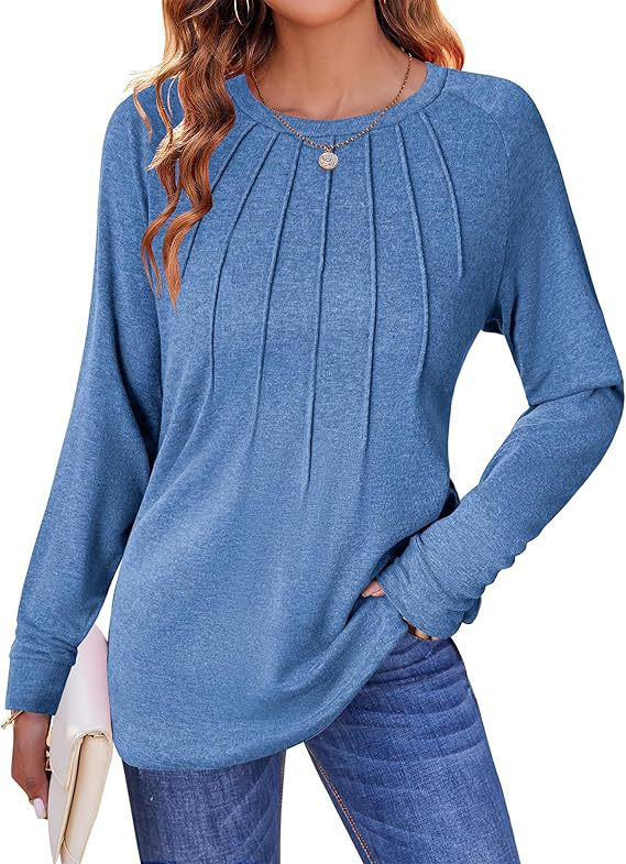Women's Pleated Crew Neck Long Sleeve Casual Top